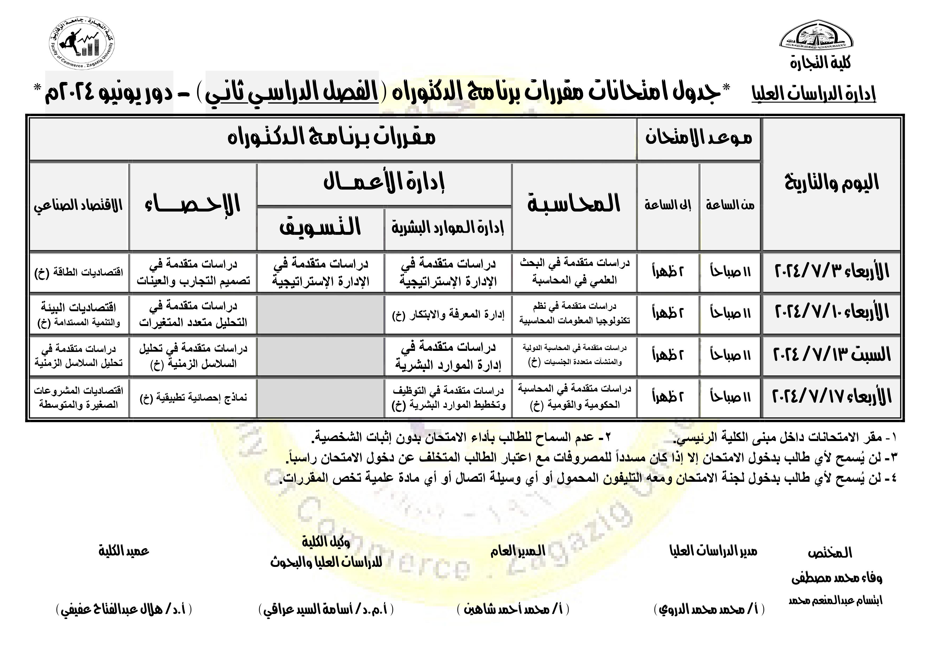 جدول امتحانات الفصل الدراسي الثاني لمقررات برنامج الدكتوراه دور يونيو 2024