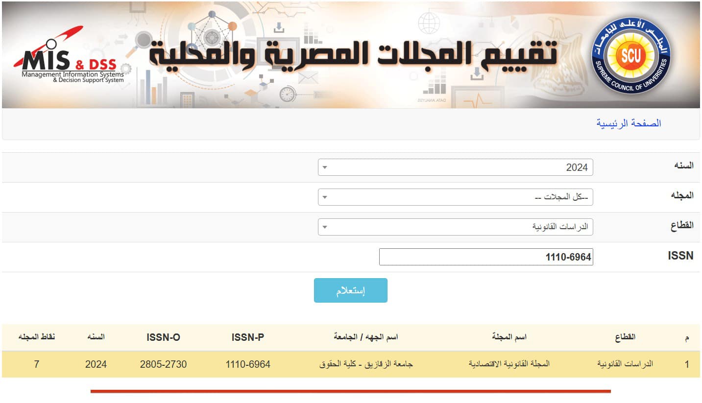 Zagazig Law Journal received the highest rating (7 out of 7) according to the evaluation of the Supreme Council of Universities