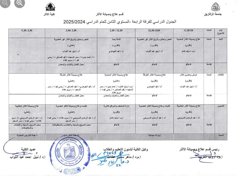جدول الفرقة الرابعة ترميم - فصل دراسي ثان 2025