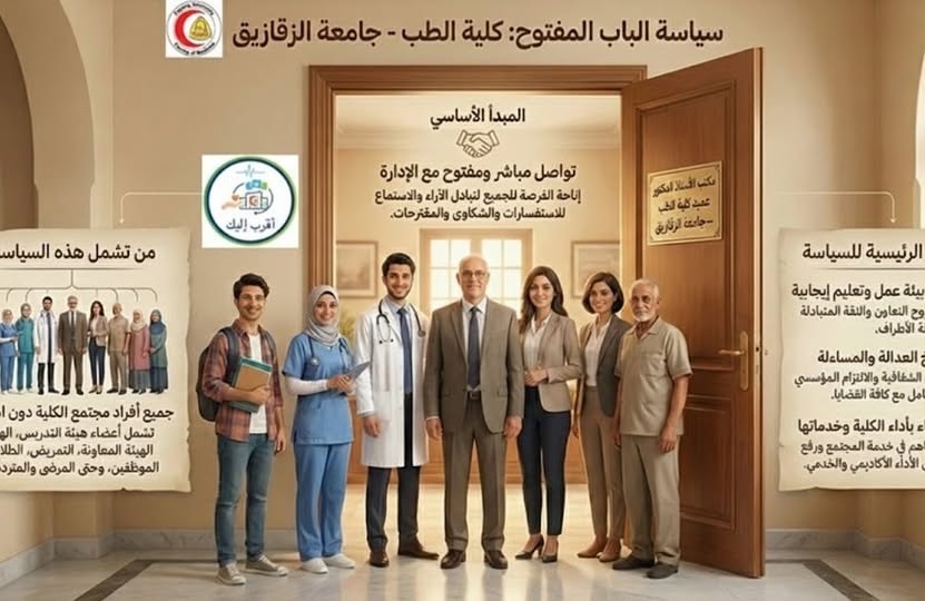 كلية الطب البشري – جامعة الزقازيق تعلن أن مكتب الأستاذ الدكتور عميد الكلية و رئيس مجلس إدارة المستشفيات السادة وكلاء الكلية أ.د المدير التنفيذي للمستشفيات جميع ادارات الكلية و المستشفيات ترحب دائمًا بجميع منتسبي الكلية من الطلاب والأطباء وهيئة التمريض والعاملين وأعضاء هيئة تدريس ومعاونيهم و المرضى و ذويهم دون اي حواجز، وفي أي وقت، تأكيدًا لنهج التواصل المباشر