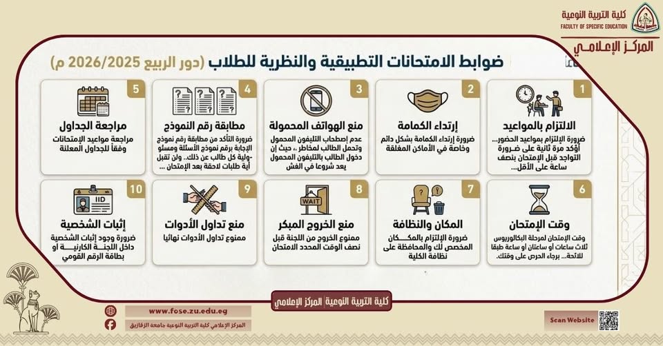 كلية التربية النوعية بجامعة الزقازيق تعلن ضوابط الامتحانات التطبيقية والنظرية للفصل الدراسي الثاني "دور الربيع" ٢٠٢٥/ ٢٠٢٦م .