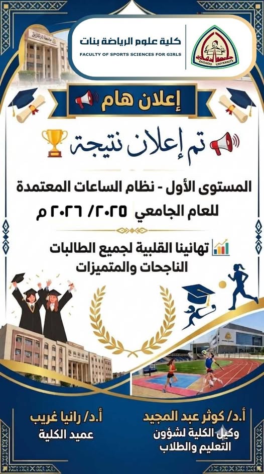 Under the patronage of Prof. Dr. Rania Gharib, Dean of the Faculty of Sports Sciences for Girls, the results for the first level (credit hour system) for the academic year 2025/2026 have been announced, thanks be to God. Heartfelt congratulations to all the successful and distinguished students.