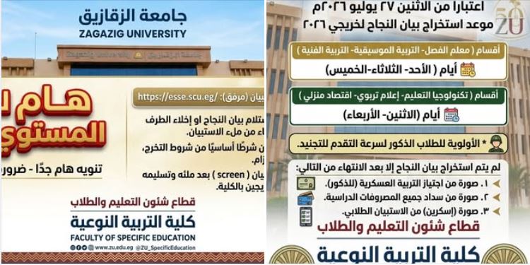 The Faculty of Specific Education announces the date for issuing the success data for the graduates of the 2026 batch and the regulations governing receipt.