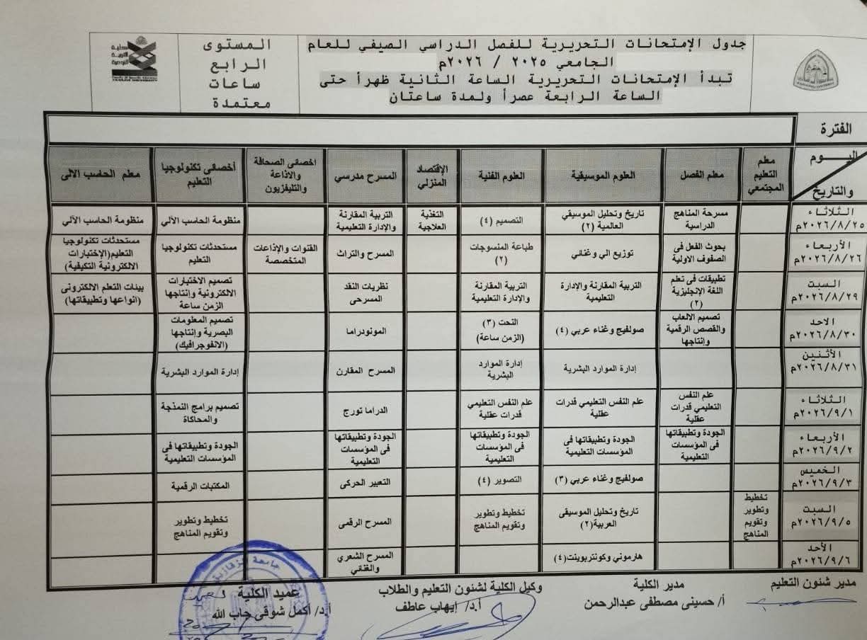 The Faculty of Specific Education at Zagazig University announces the schedules for the theoretical exams for the summer semester of the academic year 2025/2026.