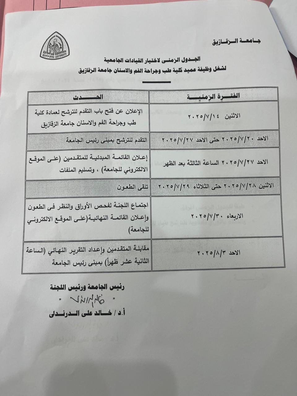 الجدول الزمنى لاختيار القيادات الجامعية لشغل وظيفة عميد كلية طب وجراحة الفم والاسنان