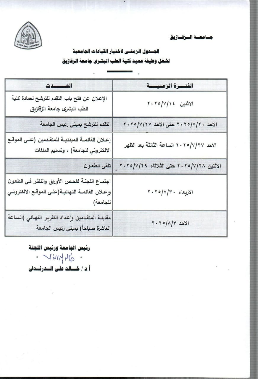 الجدول الزمنى لاختيار القيادات الجامعيه لشغل وظيفة عميد كلية الطب البشرى